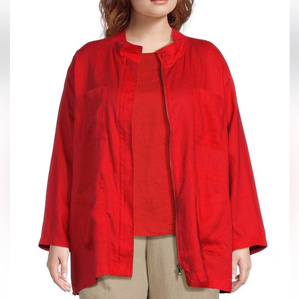 Eileen Fisher Plus Size Organic Linen Stand Collar Long Sleeve Zip Front Jacket